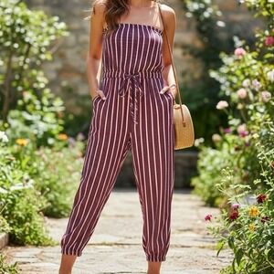 Threadstory Large $58 Red White Stripe Strapless Jumpsuit Cotton Rayon Pockets